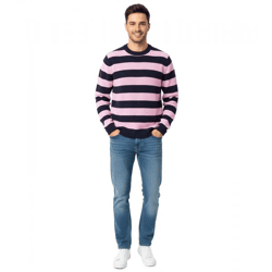 Stylish ESPRIT Men's Striped Knit Sweater, Crew Neck, Cotton Sweater, Dark Blue/Pink