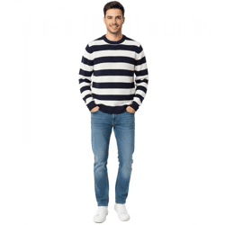 Stylish ESPRIT Men's Striped Crew-Neck Sweater, Cotton Sweater, Dark Blue/White