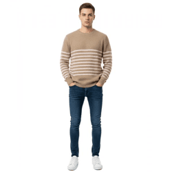 Stylischer ESPRIT Herren Strick-Pullover mit Streifen Rundhals-Sweater Baumwoll-Pullover Khaki/Rosa