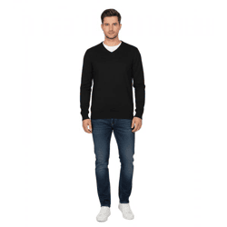 Stylischer Herren Strick-Pullover mit V-Ausschnitt Premium-Baumwolle 143-005 Schwarz