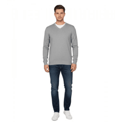 Stylischer Herren Strick-Pullover mit V-Ausschnitt Premium-Baumwolle 143-015 Grau
