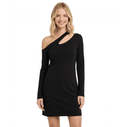 Stylisches Damen One-Shoulder-Kleid Mini-Kleid mit Raffungen nachhaltiges Langarm-Kleid 949394 Schwarz