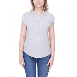 Tamaris Damen Half-Zip Shirt kurzärmliges T-Shirt mit V-Ausschnitt 63630739 Grau