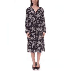 Tamaris Damen Midi-Kleid mit langen Ärmeln Web-Kleid mit V-Ausschnitt 28185858 Schwarz/Beige