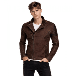 Trendige Herren Biker-Jacke Washed Look mit Kunstleder Ärmeln Slim Fit Übergangs-Jacke 8840 Braun