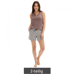 trendiger Damen 2-teiliger Pyjama Baumwoll-Shorty mit Punkten und Spitze kurzes Schlafanzug-Set 959182 Braun/Grau
