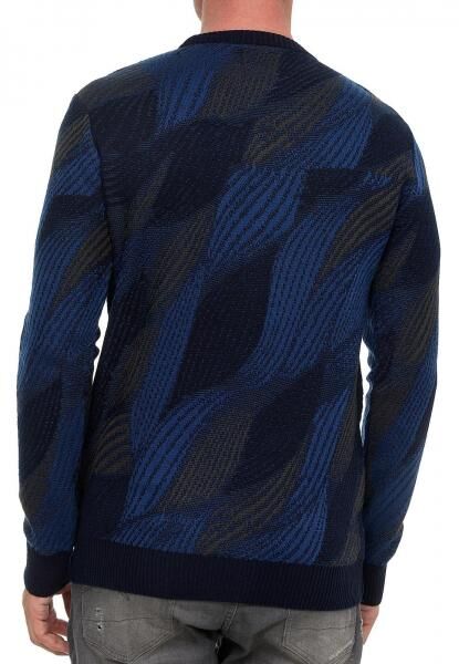 Trendiger Herren Rundhals-Pullover im Wellen-Design Feinstrick-Sweater 13445 Marine