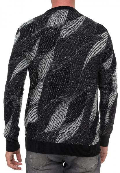 Trendiger Herren Rundhals-Pullover im Wellen-Design Feinstrick-Sweater 13445 Schwarz