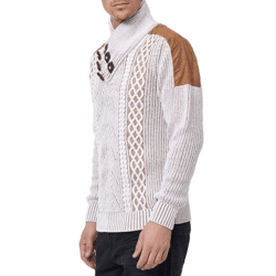 Trendiger Herren Stehkragen-Pullover mit Zopfmuster Grobstrick-Sweater 13391 Weiß