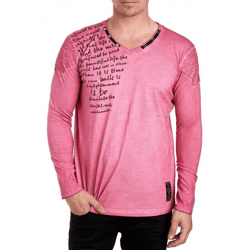 Trendiges Herren Longsleeve V-Ausschnitt Washed Print Design Slim Fit Langarm-Shirt 10117 Dunkel-Rosa
