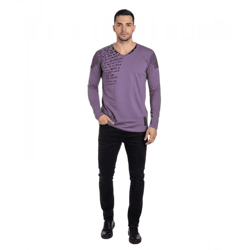 Trendiges Herren Longsleeve V-Ausschnitt Washed Print Design Slim Fit Langarm-Shirt 10117 Violett