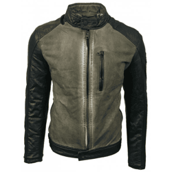 Urbane Herren Biker-Jacke Washed Look mit Kunstleder Ärmeln Slim Fit Übergangs-Jacke 8835 Beige