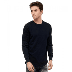 Men's Urban Sweatshirt with Ribbed Sleeves, Pullover Sweater 19056 Navy Blue