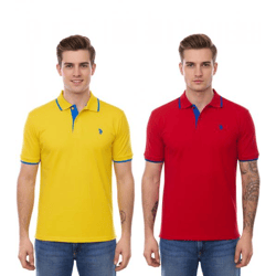 U.S. POLO ASSN. Herren Polo-Shirt Basic-Shirt Baumwoll-Shirt Kurzarm-Shirt in Gelb oder Rot mit blauen Details