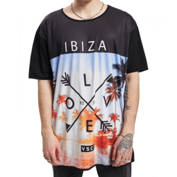 vsct Ibiza Love Herren Baumwoll T-Shirt mit großem Strand-Print Rundhals-Shirt 5643296 Schwarz