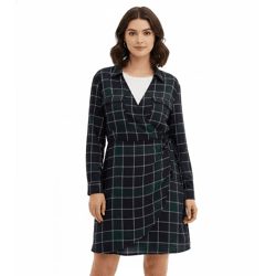 weich fließendes Damen Mini-Kleid kariertes Wickel-Kleid mit Hemdkragen 914043 Blau