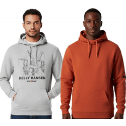 weicher Helly Hansen Manchester Graphic Herren Hoodie Baumwoll-Pullover mit Kapuze 300 g/m² Sweat-Pullover 78380 Grau oder Orange