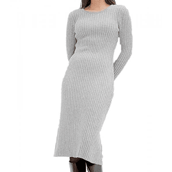 weiches Damen Midi-Kleid Basic-Kleid im Strick-Stil Langarm-Kleid 971307 Grau