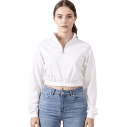 ZEGY Damen Crop-Pullover Half Zip Langarm-Shirt Baumwoll-Pulli Cropped 1073 Weiß