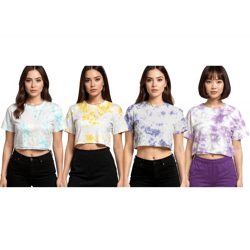 ZEGY Damen Crop-Top im Batik-Look Baumwoll-Shirt T-Shirt 1075 in Weiß/Lila, Weiß/Gelb, Weiß/Pink oder Weiß/Blau