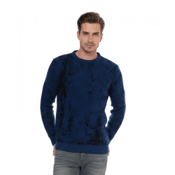 Zeitloser Herren Rundhals-Pullover im Zweifarben-Design Feinstrick-Sweater 13433 Sax-Blau