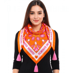 ZWILLINGSHERZ Always in a good mood Vierecks-Tuch mit Statement Print und Ornamenten Mode-Tuch 3016Q-0209-5 Pink/Orange