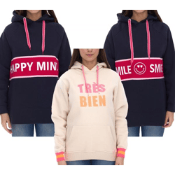 ZWILLINGSHERZ Women's Hoodie with Statement Print, Cotton Sweatshirt, Dark Blue or Beige
