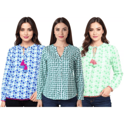 ZWILLINGSHERZ Pünktchen Damen Sommer-Bluse mit Polka Dots Muster Tunika-Shirt mit Quaste oder Ohne in Grün oder Blau