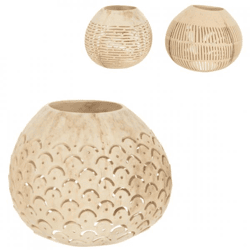J-Line Teelichthalter Kokosnuss-Linien naturfarben 14 cm, 3er-Set, sortiert