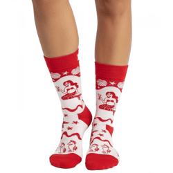 1 Paar Happy Socks Happy Mermaid Damen Socken Allover-Print mit Meeresmotiven Baumwoll-Socken Alltags-Strümpfe P002596 Weiß/Rot