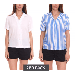 2er Pack AjC Blusen luftige Damen Hemd-Blusen in zwei Farben mit Knopfleiste Blau/Weiß