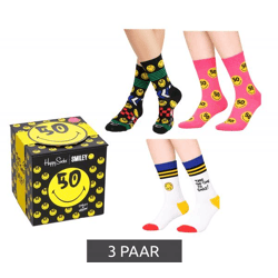 3 Paar Happy Socks Collector's Edition Unisex Baumwoll-Socken Sparpack mit Smiley-Print Alltags-Strümpfe in Geschenk-Box XATSMI08-9300 Bunt