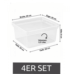 4er Set plast team Aufbewahrungsbox je 3,5 Liter Fassungsvermögen Stapelbare Vorratsboxen mit Deckel 8042228 Transparent/Weiß