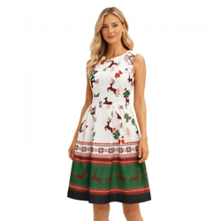 Elegantes ärmelloses Damen Weihnachts-Partykleid mit festlichem Print und ausgestelltem Rock 967618 beige/schwarz/rot 