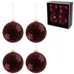 J-Line Weihnachtskugeln aus Glas, Samt, bordeauxrot, 12 cm, 4er-Set