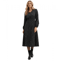 klassisches Damen Maxi-Kleid mit V-Ausschnitt Langarm-Kleid mit Punkten 943659 Schwarz