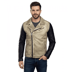 Lässige Herren Biker-Jacke Washed Design mit Kunstleder Ärmeln Slim Fit Übergangs-Jacke 8837 Beige