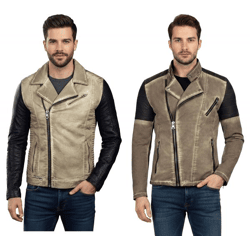 Lässige Herren Biker-Jacke Washed Design mit Kunstleder Ärmeln Slim Fit Übergangs-Jacke in Beige oder Camel