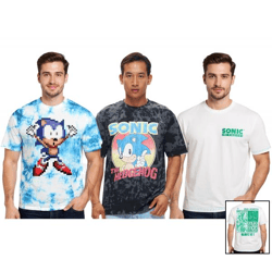 RE:COVERED X SEGA Herren T-Shirt mit Sonic-Print Baumwoll-Shirt Rundhals-Shirt RCSEGA55 in Blau/Weiß, Grau oder Ecru-Weiß