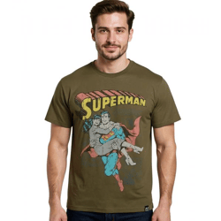 RE:COVERED X SUPERMAN DC Herren T-Shirt mit Comic-Print Baumwoll-Shirt Rundhals-Shirt RCWARN555 Khaki