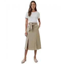 romantischer Damen Sommer-Rock mit Bindegürtel aus reinem Leinen Midi-Rock 927542 Khaki