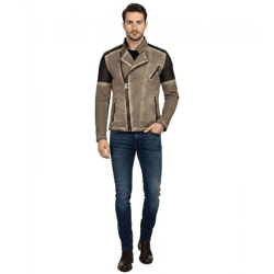 Trendige Herren Biker-Jacke Washed Look mit Kunstleder Ärmeln Slim Fit Übergangs-Jacke 8840 Camel