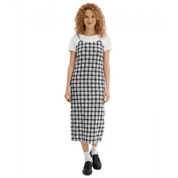 trendiges Damen Flanell Kleid verstellbares Baumwoll-Kleid mit Spaghetti-Trägern 906990 Schwarz/Weiß kariert