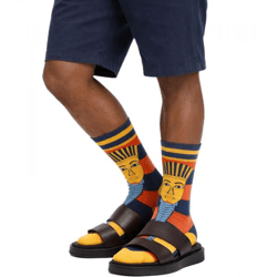 1 Paar Moustard Baumwoll-Socken mit Abbildung des Pharaos Tutanchamun gestreifte lange Strümpfe 20S-TUTAN Blau/Rot/Gold
