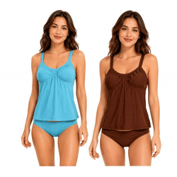 2-teiliges Damen Tankini-Set Badekleidung mit gefütterten Cups Tankini Top und Slip für Strand & Sommer in Blau oder Braun