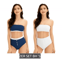 2er Set Damen Bandeau-BH trägerloser BH aus Bio-Baumwolle ohne Bügel 948684 Blau/Weiß