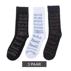 3 Paar BIKKEMBERGS Surtido Herren Tennis-Socken mit großem Schriftzug Baumwoll-Strümpfe BF_012 Weiß/Schwarz/Blau