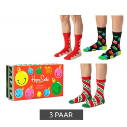 3 Paar Happy Socks Time for Holiday Herren Baumwoll-Socken mit weihnachtlichem-Print Sparpack Alltags-Strümpfe in Geschenk-Box XTFH08-4300