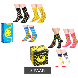 3 Paar Happy Socks Unisex Baumwoll-Socken Sparpack mit Smiley-Print Alltags-Strümpfe in Geschenk-Box Gelb/Schwarz/Blau oder Schwarz/Pink/W