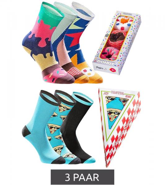 3 Paar TASTIQ Baumwoll-Socken mit Print lange Str&uuml;mpfe in stylischer Geschenkbox Tas/1/CSX3 mit Pizza oder Donut Print